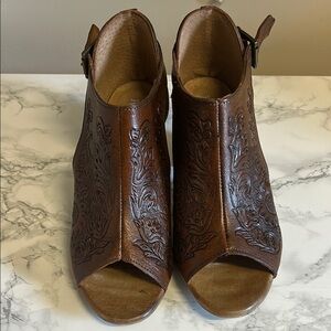 Brown Leather tooled open toe boot